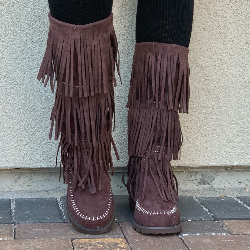 Nib Espresso Three Fringe Layered Moccasin Boots - image 3